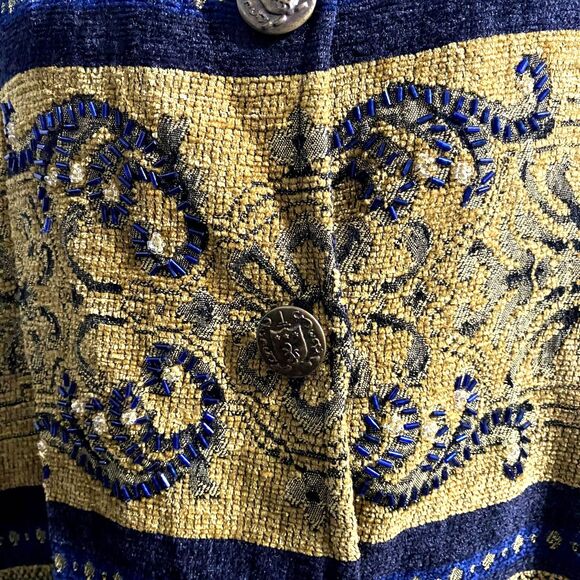 Vintage Tantrums Tapestry Jacket Crest Button Brocade Beaded Navy‎ Gold Size XL - Picture 2 of 4